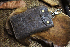 Handmade Leather Floral Mens Cool Key Wallet Wallet Card Holder Small Card Keychain Wallets for Men