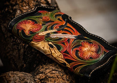 Handmade Leather Black Mens Tooled Skull Chain Biker Wallet Cool Leather Wallet Long Clutch Wallets for Men