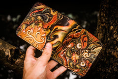 Handmade Leather Chinese Lion Tooled Mens billfold Wallet Cool Leather Wallet Slim Wallet for Men