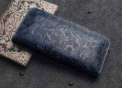 Handmade Leather Floral Mens Cool Travel Long Wallet Card Holder Card Slim Clutch Wallets for Men