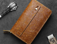 Handmade Leather Floral Tooled Mens Clutch Cool Slim Wallet Zipper Clutch Wristlet Wallet for Men