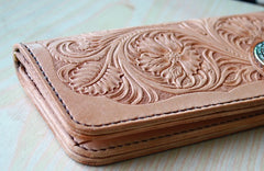 Handmade Mens Tooled Floral Beige Leather Long Biker Wallet Cool Long Chain Wallet for Men - iwalletsmen