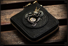 Handmade Leather Chinese Dragon Tooled Mens billfold Wallet Cool Chain Wallet Biker Wallet for Men