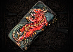 Handmade Leather Chinese Monster Mens Chain Biker Wallet Cool Leather Wallet With Chain Wallets for Men