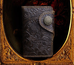 Handmade Leather Floral Mens Cool Key Wallet Wallet Card Holder Small Card Keychain Wallets for Men