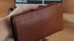 Genuine Leather Mens Cool Long Leather Wallet Zipper Clutch Wristlet Wallet for Men