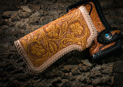 Handmade Mens Cool Tooled Floral Leather Chain Wallet Biker Trucker Wallet with Chain - iwalletsmen