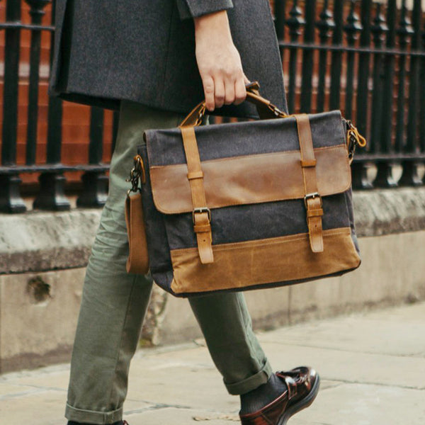 Cool Waxed Canvas Leather Mens 15.6" 15‘’ Waterproof Travel Side bag Computer Handbag Messenger Bag for Men - iwalletsmen