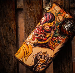 Handmade Leather Tooled Mahākāla Mens Chain Biker Wallet Cool Leather Wallet Long Clutch Wallets for Men