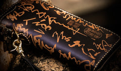 Handmade Leather Mens Chain Chinese Handwriting Biker Wallet Cool Leather Wallet Long Phone Wallets for Men