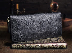 Handmade Leather Floral Mens Cool Travel Long Wallet Card Holder Card Slim Clutch Wallets for Men