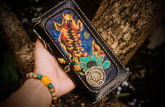 Handmade Leather Carp Mens Chain Biker Wallet Cool Leather Wallet Long Phone Wallets for Men