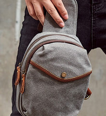 Cool Gray Canvas Mens Sling Bag Chest Bag One Shoulder Packs for men - iwalletsmen