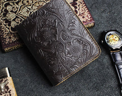 Handmade Leather Floral Mens Cool Slim Leather Wallet Men billfold Wallets Bifold for Men