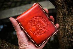 Handmade Leather Chinese Lion Tooled Mens billfold Wallet Cool Leather Wallet Slim Wallet for Men