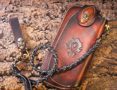 Handmade Leather Mens Cool Long World of Warcraft Leather Chain Wallet Cards Biker Trucker Wallet