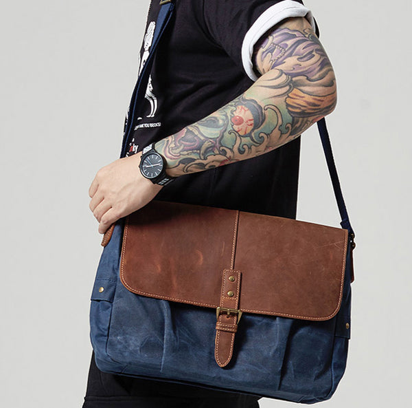 Navy Blue Leather Waxed Canvas Mens Side Bag Messenger Bags Gray Casual Courier Bags for Men - iwalletsmen