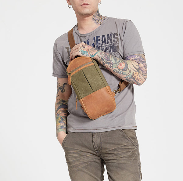 Black Canvas Leather Sling Backpack Men's Sling Bag Chest Bag Canvas One shoulder Backpack For Men - iwalletsmen