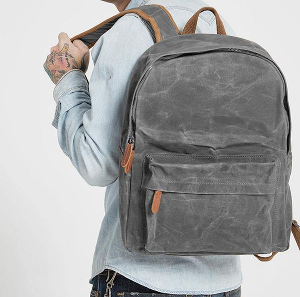 Gray Waxed Canvas Mens Laptop Backpack College Backpack Gray Canvas Travel Backpack for Men - iwalletsmen