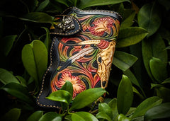 Handmade Leather Black Mens Tooled Skull Chain Biker Wallet Cool Leather Wallet Long Clutch Wallets for Men