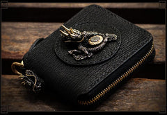 Handmade Leather Tooled Mens Zip Around Wallet Cool Chain Wallet Chinese Dragon Biker Wallet for Men