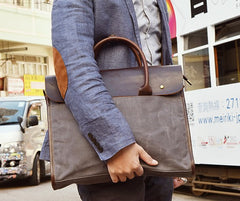 Mens Gray Canvas Leather Briefcase Handbag Work Bag Business Bag for Men - iwalletsmen