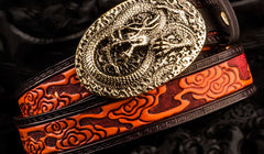 Handmade Genuine Leather Tooled Chinese Dragon Mens Belt Custom Cool Leather Men Belt for Men