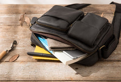 Men's Black Crossbody Bag Black Leather Messenger Bag  Small Black Messenger Bag