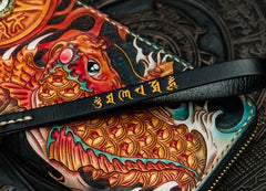 Handmade Leather Tooled Carp Mens Chain Biker Wallet Cool Leather Wallet Long Phone Wallets for Men