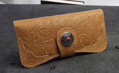Handmade Leather Floral Mens Cool Travel Long Wallet Card Holder Card Slim Clutch Wallets for Men