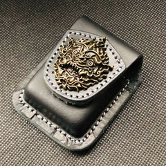 Brown Handmade Leather Mens Chinese Dragon Zippo Lighter Holders Lighter Case For Men - iwalletsmen