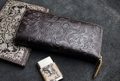 Handmade Leather Floral Mens Cool Travel Long Wallet Card Holder Card Slim Clutch Wallets for Men