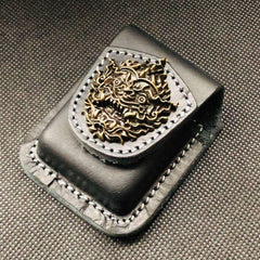 Black Handmade Leather Mens Cap Fish Zippo Lighter Holders Lighter Case For Men - iwalletsmen