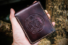 Handmade Leather Chinese Lion Tooled Mens billfold Wallet Cool Leather Wallet Slim Wallet for Men