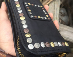 Genuine Leather Mens Cool Long Leather Wallet Biker Wallet Zipper Clutch Wallet for Men