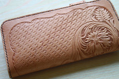 Handmade Mens Tooled Floral Beige Leather Long Biker Wallet Cool Long Chain Wallet for Men - iwalletsmen
