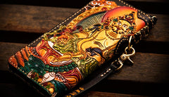 Handmade Leather Tooled Yellow Jambhala Mens Chain Biker Wallet Cool Leather Wallet Zipper Long Phone Wallets for Men