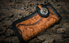 Handmade Mens Cool Tooled Floral Leather Chain Wallet Biker Trucker Wallet with Chain - iwalletsmen