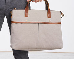 Mens Gray Canvas 14inch Briefcase Handbag Work Bag Business Bag for Men - iwalletsmen