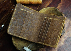 Handmade Leather Floral Mens Cool Slim Leather Wallet Men billfold Wallets Bifold for Men