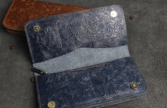 Handmade Leather Floral Mens Cool Travel Long Wallet Card Holder Card Slim Clutch Wallets for Men