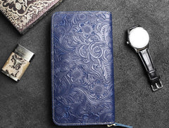 Handmade Leather Floral Mens Cool Travel Long Wallet Card Holder Card Slim Clutch Wallets for Men