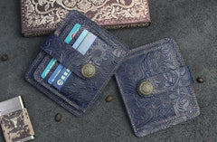 Handmade Leather Floral Mens Cool Front Pocket Wallet billfold Wallet Card Holder Small Card Slim Wallets for Men