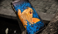 Handmade Leather Men Tooled Carp Cool Leather Wallet Long Phone Wallets for Men