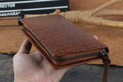 Genuine Leather Mens Cool Long Leather Wallet Zipper Clutch Wristlet Wallet for Men