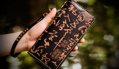 Handmade Leather Mens Chain Chinese Handwriting Biker Wallet Cool Leather Wallet Long Phone Wallets for Men