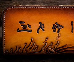 Handmade Leather Mens Clutch Wallet Cool Buddha&Demon Tooled Wallet Long Zipper Wallets for Men