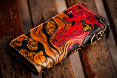 Handmade Leather Tooled Chinese Monster Mens Chain Biker Wallet Cool Leather Wallet Zipper Long Phone Wallets for Men