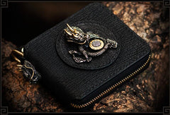 Handmade Leather Tooled Wallet Mens Cool Chain Wallet Chinese Dragon Biker Wallet for Men