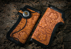 Handmade Mens Cool Tooled Floral Leather Chain Wallet Biker Trucker Wallet with Chain - iwalletsmen
